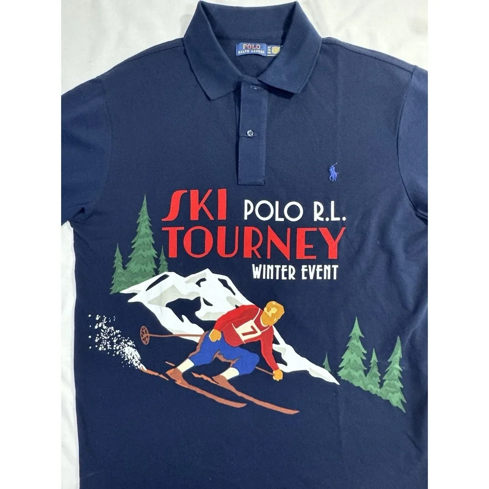 NWOT Polo Ralph Lauren SKI Tourney Print Mesh Knit Collared Polo Shirt Navy XLT